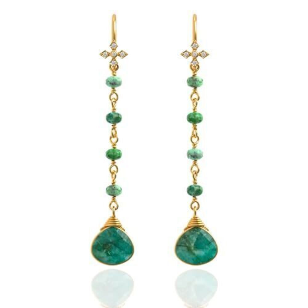 9894 Emerald Earrings in Heart Long Chain Dangle Shape - 18K Gold Vermeil